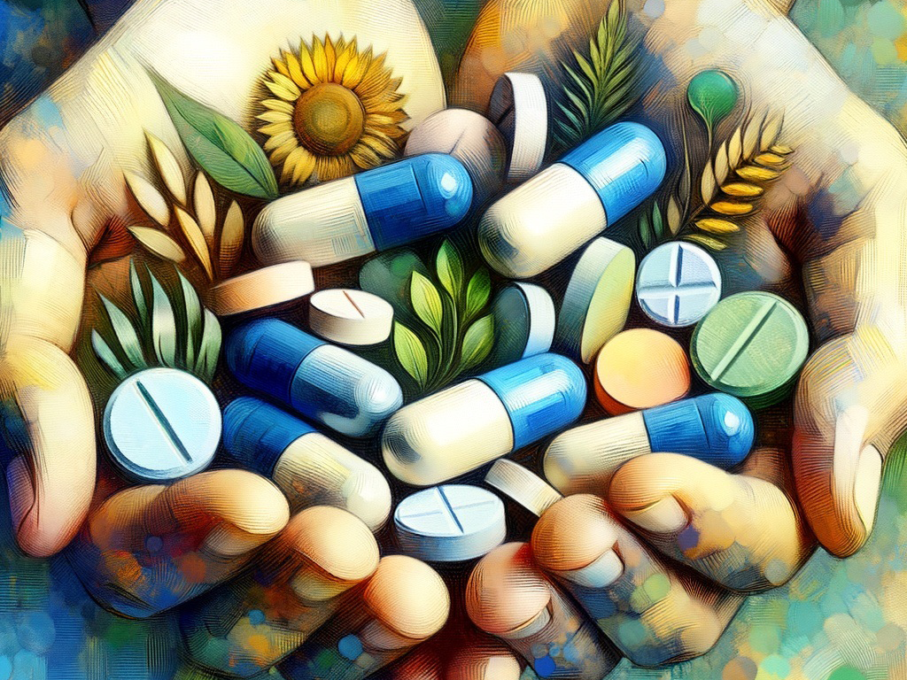 hands holding pills and saplings